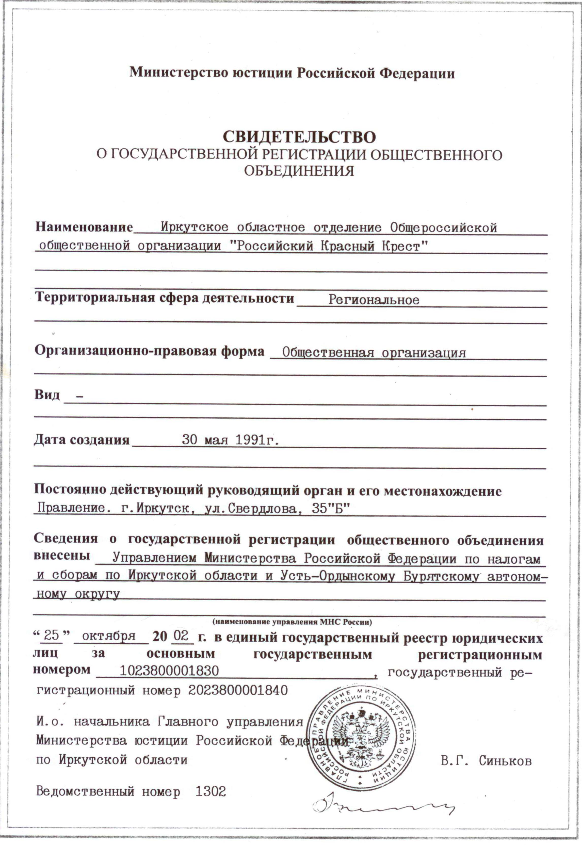 Свидетельство о регистрации общественной организации. Учредительные документы Иркутской областной больницы. Государственная регистрация общественной организации